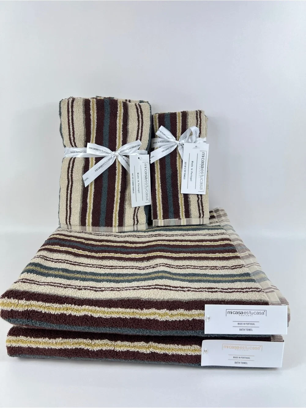 Mi Casa Es Tu Casa Bathroom Towel Set Brown Teal Tan Stripe 100% Cotton 6 Pc NEW